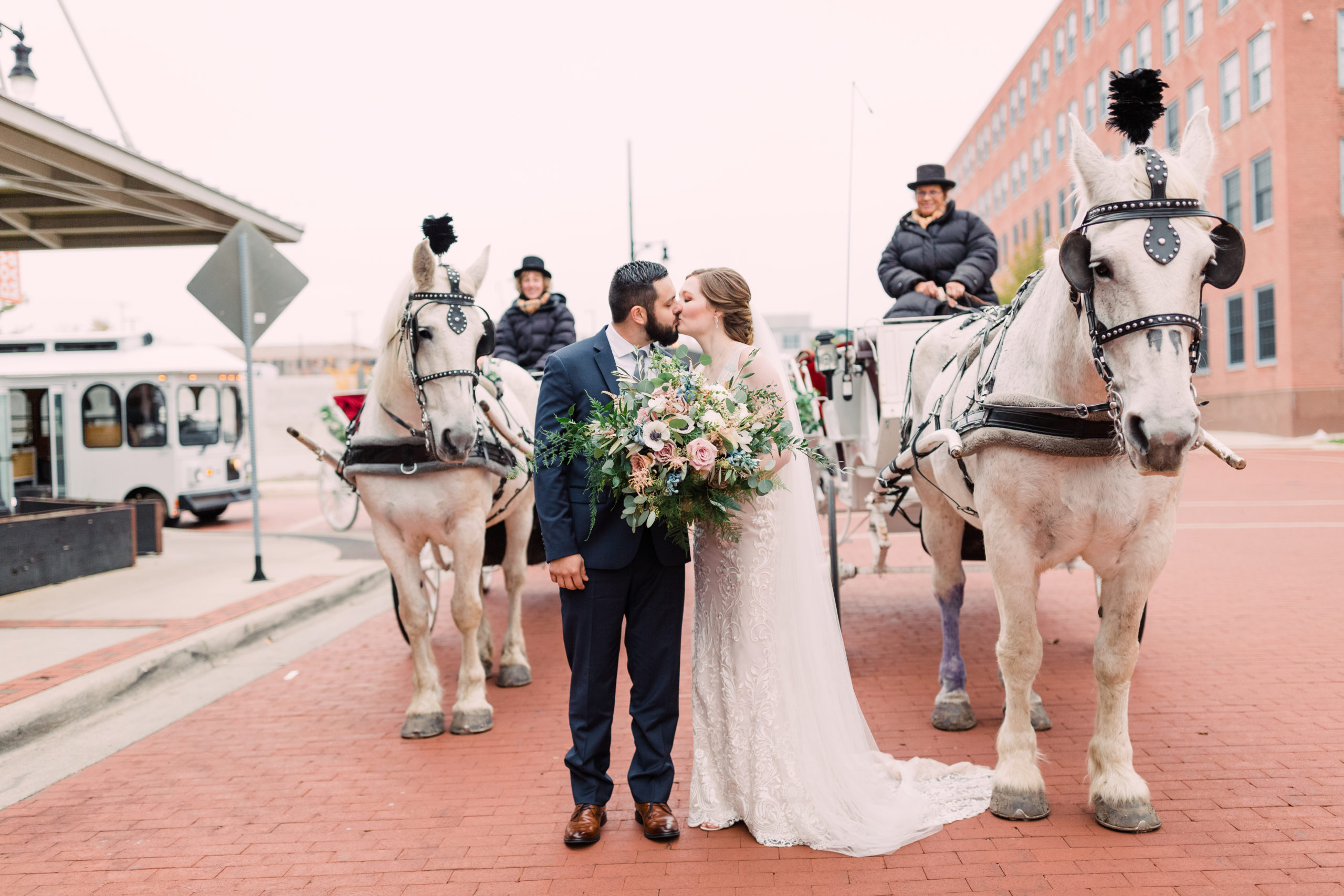 Bride and Groom in front of white horse and carriage in Grand Rapids Michigan
