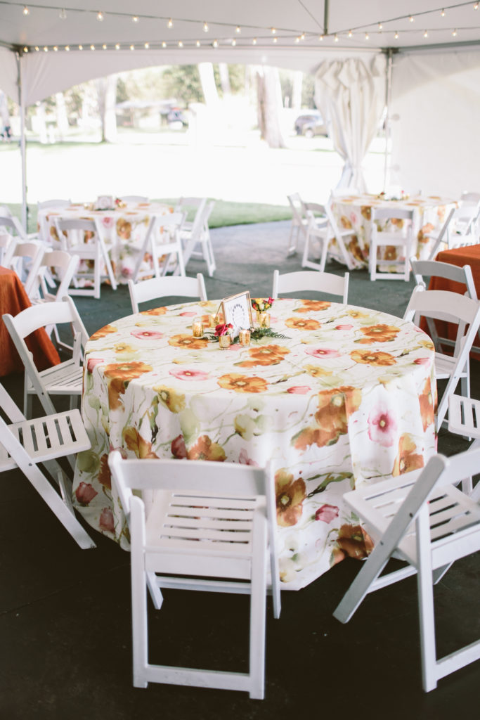 Floral linen for a tented welcome party